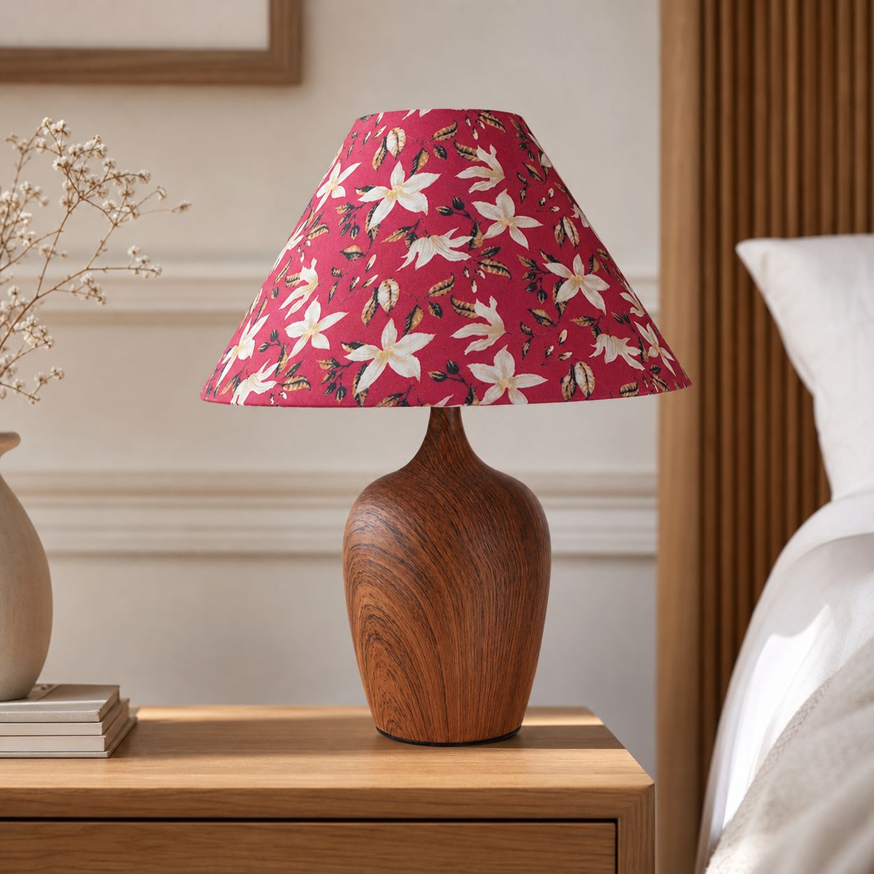 Nachttischlampe Im Retro-skandinavischen Stil, Roter Lampenschirm Mit Magnolienmuster, Holzfuß, 36 Cm, E27-fassung, 3-farben-dimmer, Fernbedienung