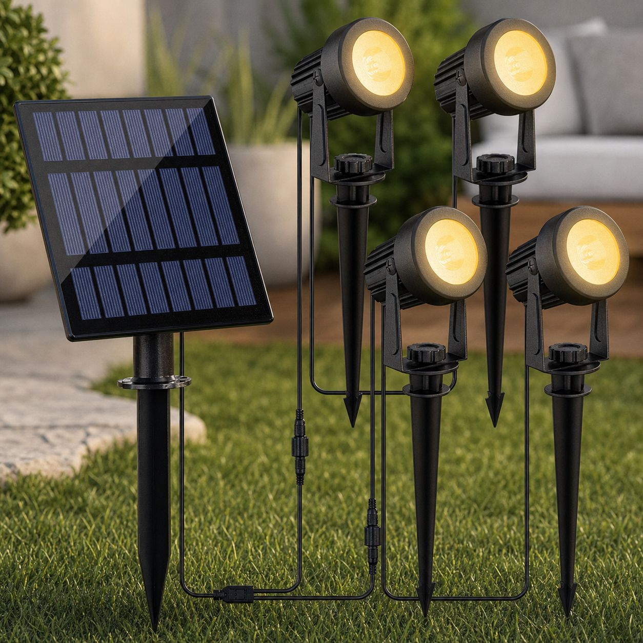 Set Mit 4 Wasserdichten Led-solarstrahlern (ip65), 4-w-panel Und 3000-mah-akku, 270°-drehung, Garten- Und Terrassenbeleuchtung Ts-s4204