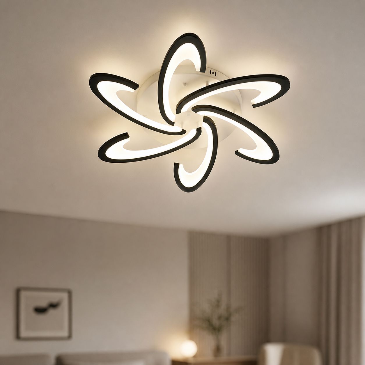 Schwarze, Blütenförmige Designer-deckenleuchte Mit 5 Leuchtenköpfen, Eisen Und Acryl, Ø 60 Cm, H 8 Cm, 54 W, Für Schlafzimmer Oder Büro