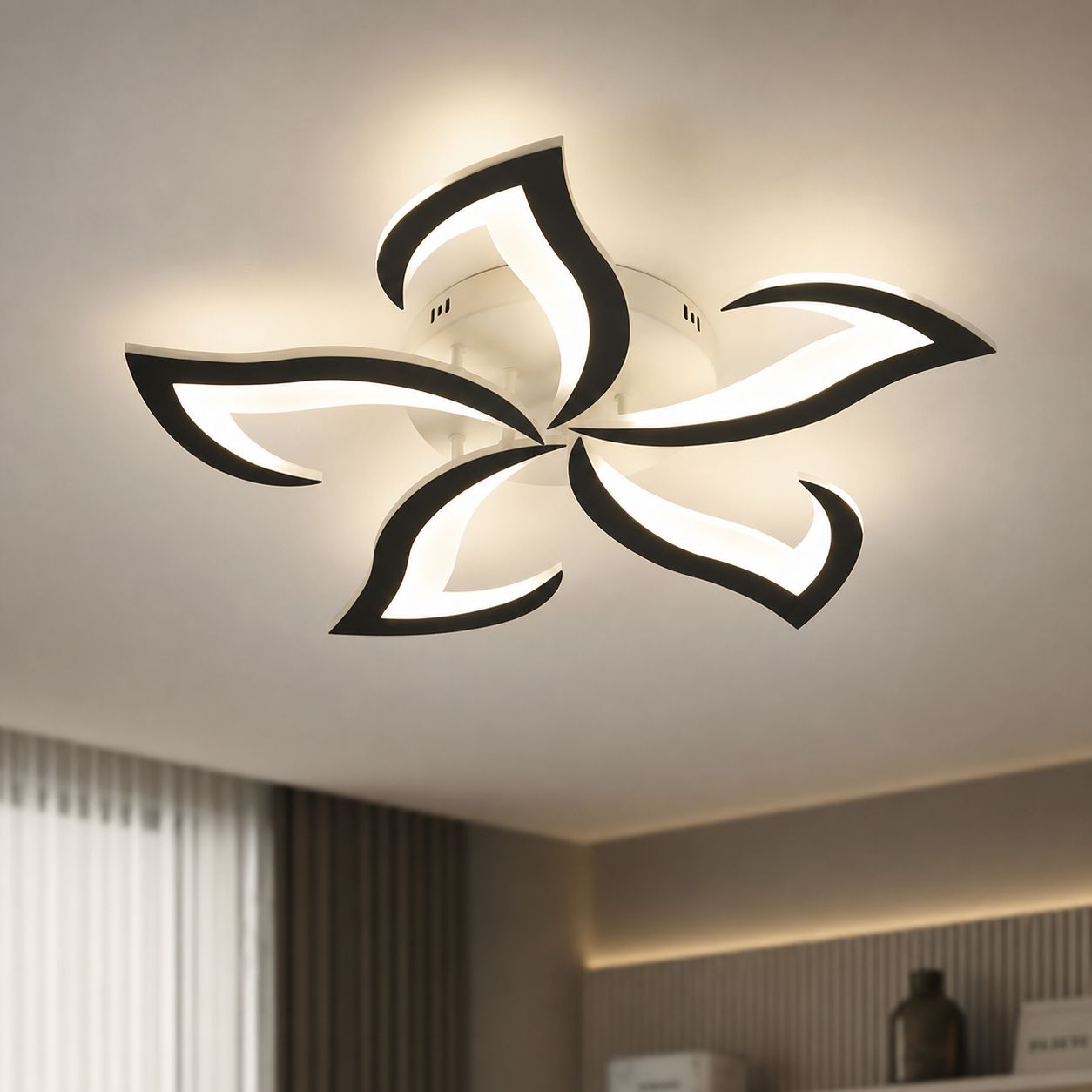 Schwarze, Blütenblattförmige Designer-deckenleuchte Mit 5 Leuchtenköpfen, Eisengestell Und Acryldiffusor, 60 Cm Durchmesser, 8 Cm Höhe, Leistungsstarke 45-w-beleuchtung