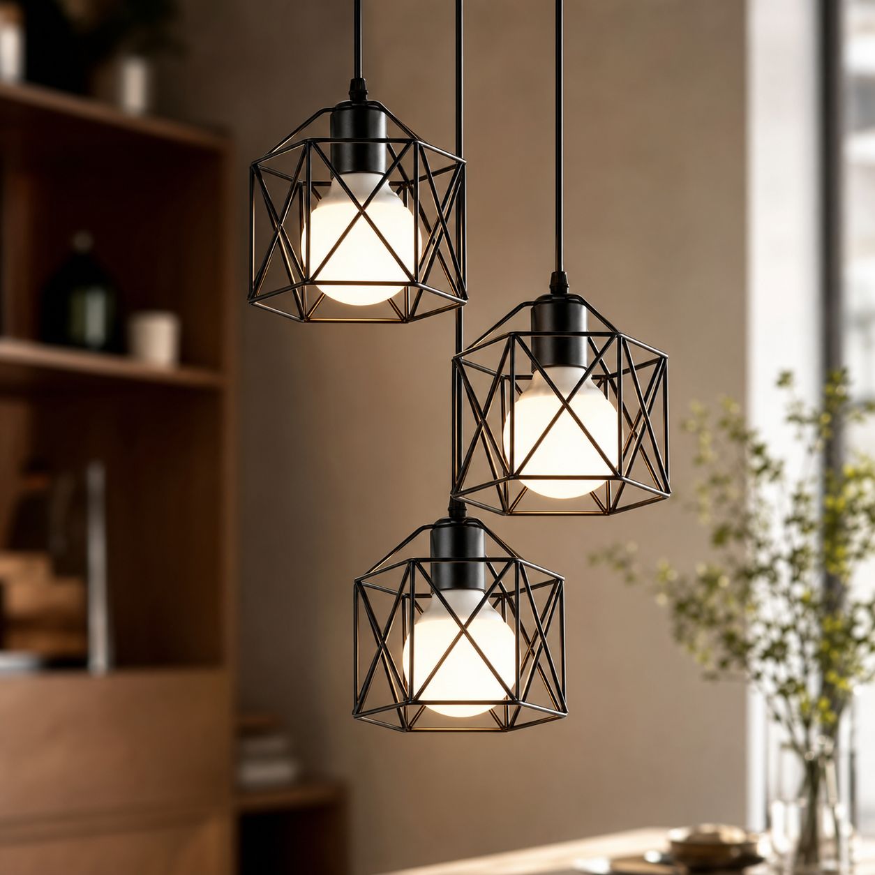 Dreiflammige Pendelleuchte Im Landhausstil, Geometrisches Design Aus Schwarzem Schmiedeeisen. Höhenverstellbar Bis 150 Cm, E27-fassung.