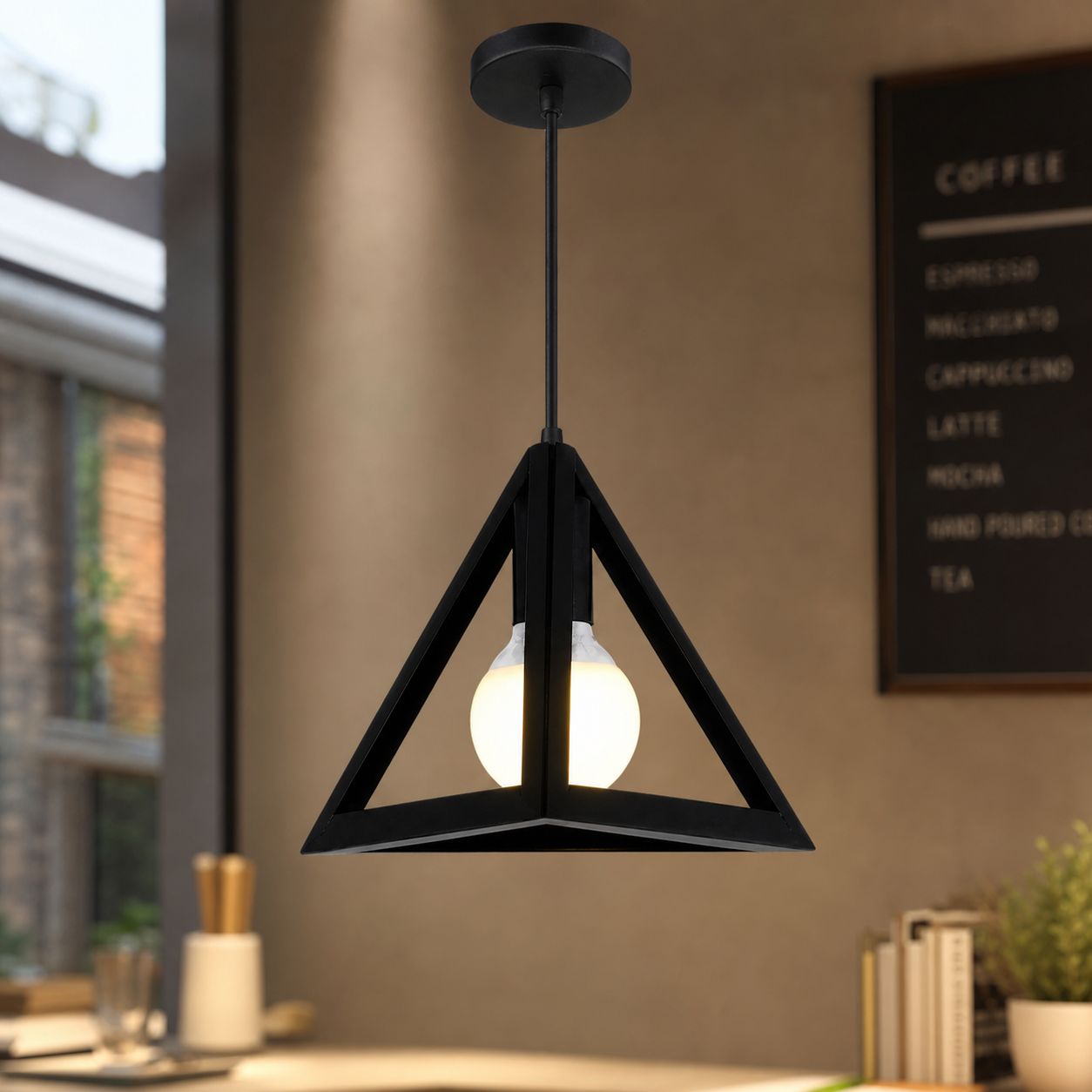 Schwarze, Dreieckige Pendelleuchte Im Industriestil, Modernes Geometrisches Design, Für Bar, Café, Flur, Eingangsbereich, 25 Cm Durchmesser, 150 Cm Verstellbares Kabel