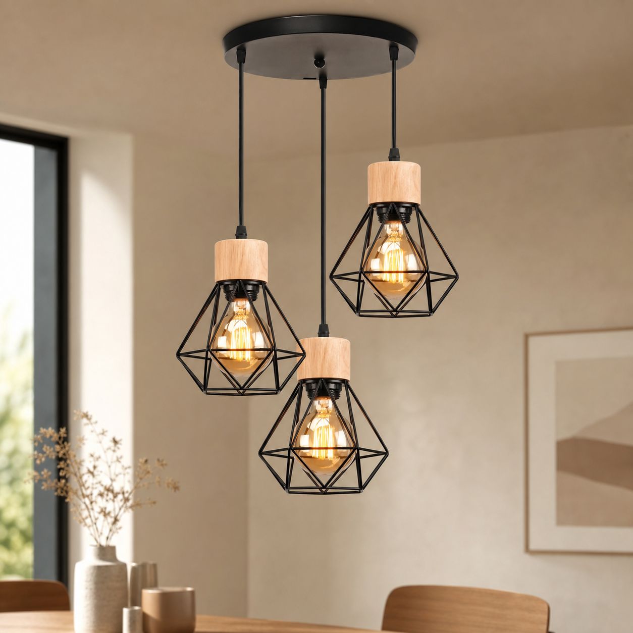 Dreiflammige Pendelleuchte Im Retro-industriestil, Geometrische Form Aus Schwarzem Metall Und Holz, Für Esszimmer Oder Bar, Leuchtmittel Nicht Enthalten