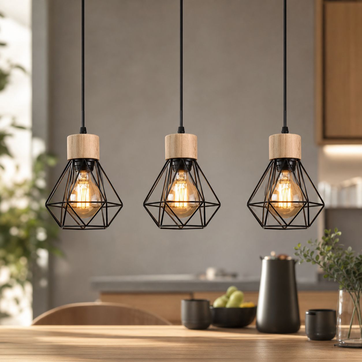 Industrielle 3-flammige Pendelleuchte Im Retro-design Aus Schwarzem Metall Und Holz, Geometrischer Käfiglampenschirm, Für Tisch Oder Bar, L 50 Cm