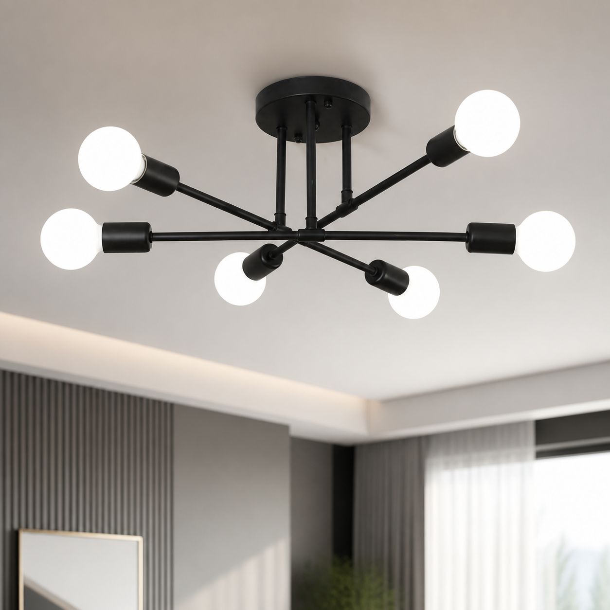 Spinnenförmige Designer-deckenleuchte Mit 6 Leuchten, Mattschwarzes Eisen, Ø70 Cm, Verstellbare Arme, E27-fassungen, Moderner Industriestil Für Das Wohnzimmer