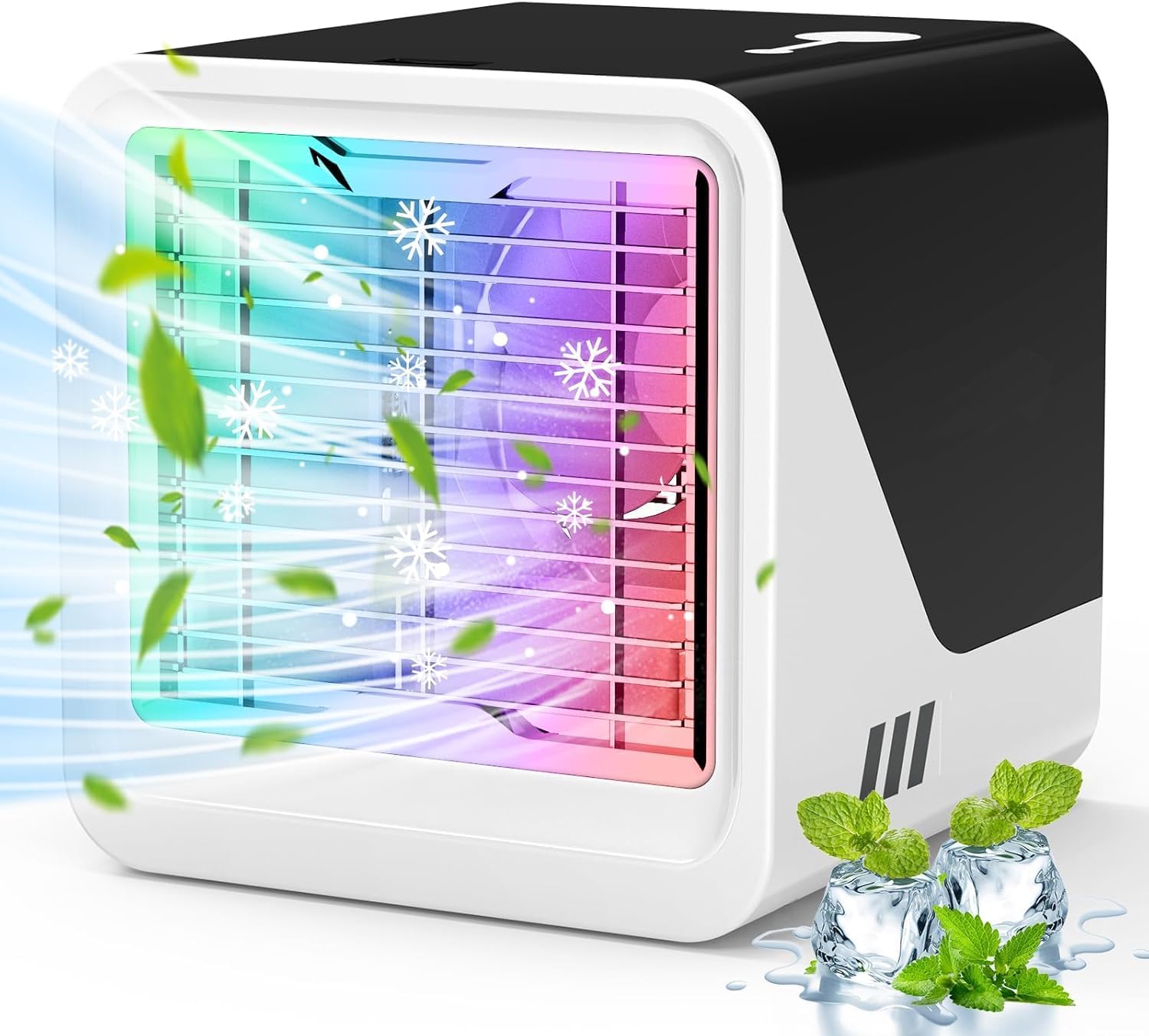 Tragbarer Klimaventilator Mit Kühlfunktion, 7 Leuchten, 3 Windgeschwindigkeiten Und 500 Ml Verdunstungsluftkühler