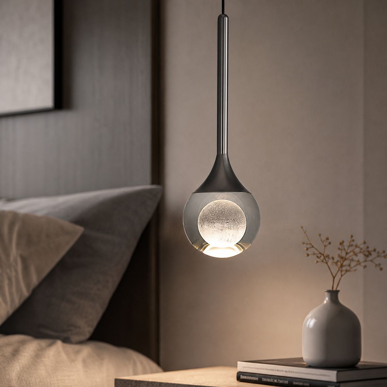 Mond-pendelleuchte, 5-w-led, Schwarzperle, Aluminium-kristall, Dreifarbiges Licht, Verstellbares 180-cm-kabel, Modernes Design Für Schlafzimmer Und Bar