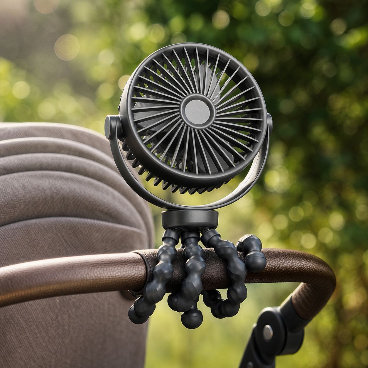 Wiederaufladbarer Usb-ventilator In Oktopusform (3600 Mah), Flexibler Ständer Für Kinderwagen Und Schreibtisch, Schutzgitter, Schwarz