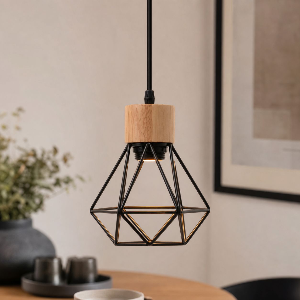 Geometrische Industrie-pendelleuchte Aus Eisen Und Holz, Retro-design In Schwarz, 18 Cm Hoch, 100 Cm Kabel, Ideal Für Küche Oder Schlafzimmer