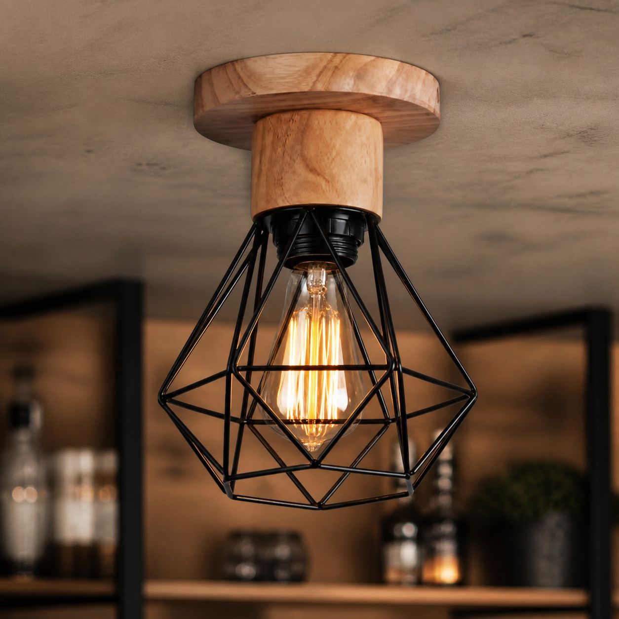 Vintage-pendelleuchte Aus Holz Und Eisen, E27-fassung, Industrielles Geometrisches Käfigdesign, Schwarzer Metallschirm Und Massivholzfuß, Höhe 20 Cm
