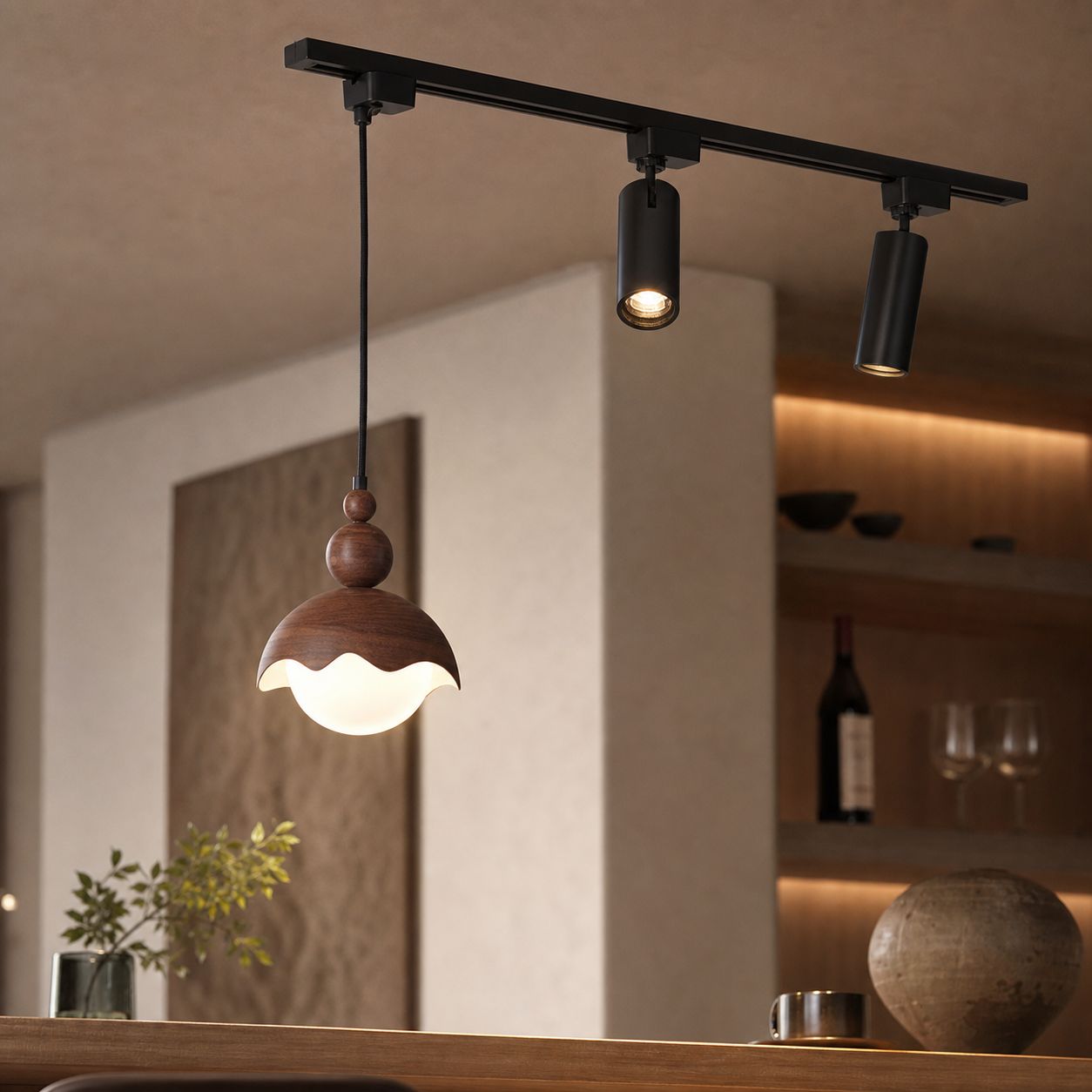 Retro-pendelleuchte Aus Walnussholz Mit Verstellbarer Led-schiene, Farbwiedergabeindex (cri) 97, Höhenverstellbar, Wabi-sabi-stil Für Bar Und Schlafzimmer