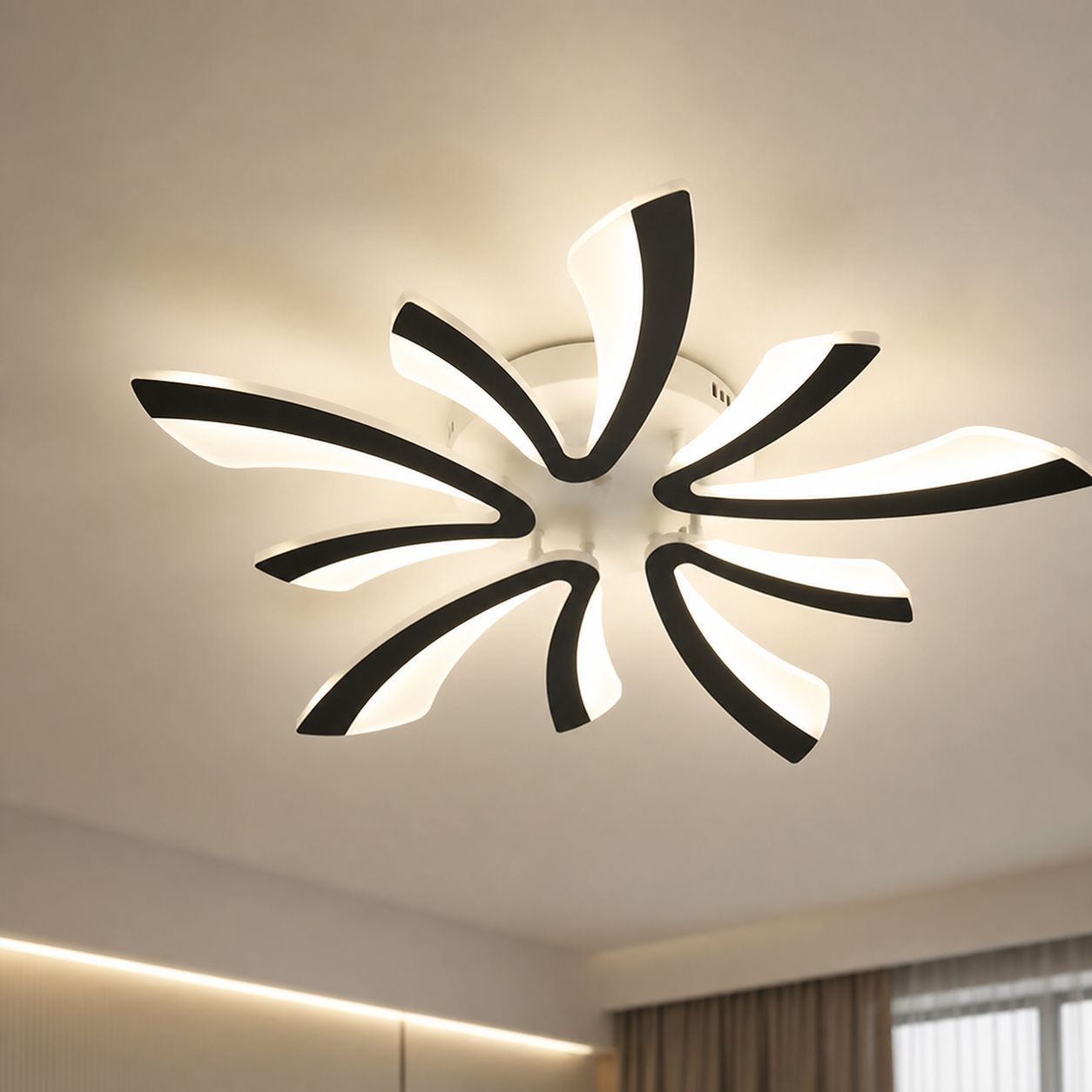 Schwarze Led-deckenleuchte Mit 5 Blütenblattförmigen Armen, Stahl Und Acryl, Durchmesser 72 Cm, 40 W, Für Wohnzimmer Oder Schlafzimmer 12-20 M²