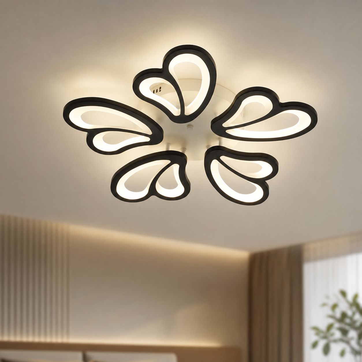 Schwarze 5-armige Blumen-deckenleuchte, Design Aus Stahl Und Acryl, Durchmesser 60 Cm, Höhe 7 Cm, Sanftes Licht 50 W Für Räume Von 10-15 M²