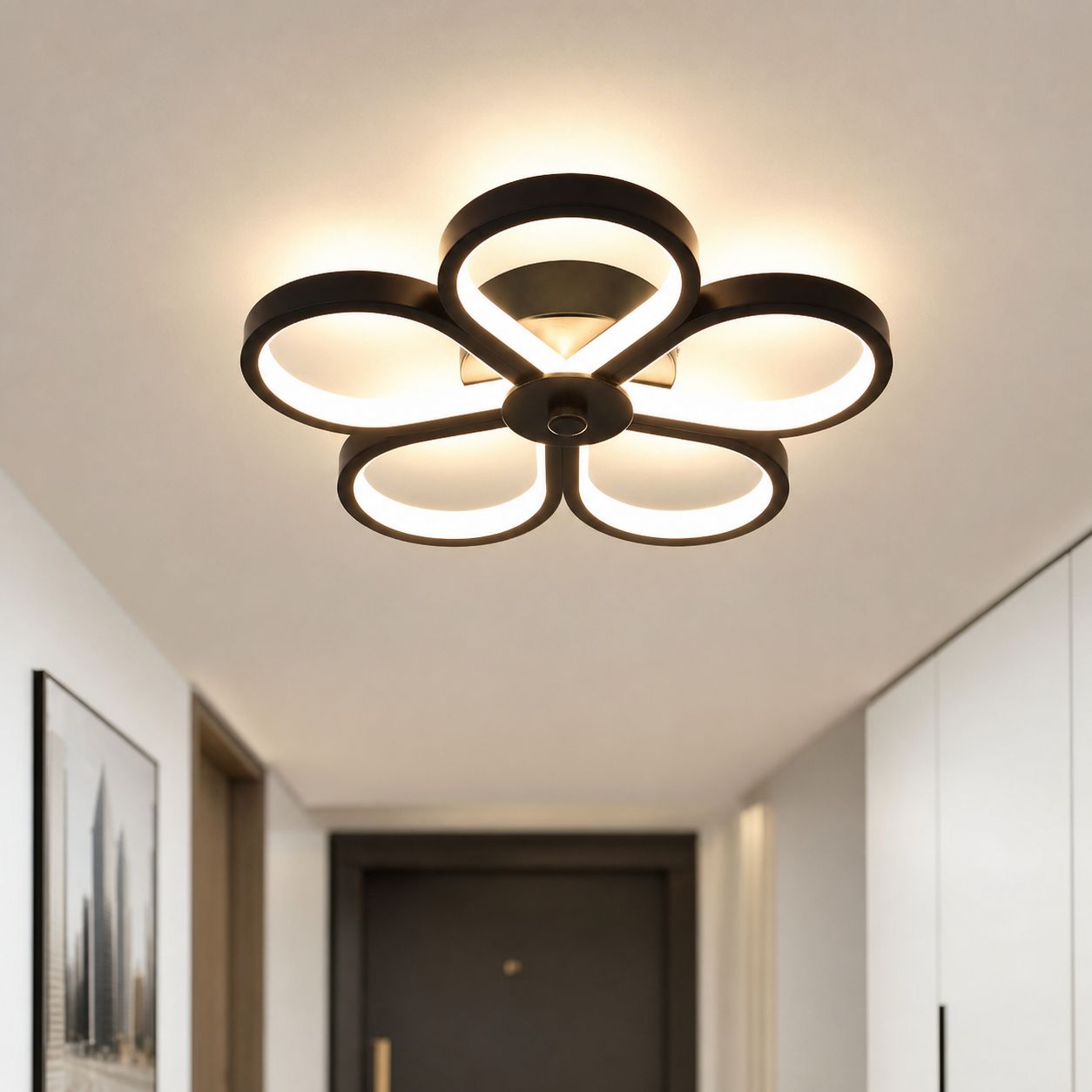 20-w-led-deckenleuchte Mit Geometrischem Design, Mattschwarzem Eisen- Und Pvc-schirm, Dimmbares Dreifarbiges Licht, 29 Cm Durchmesser Für Flure