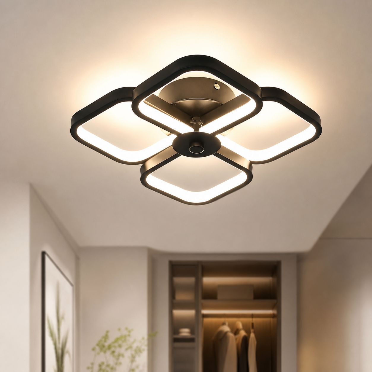 20-w-led-deckenleuchte, Geometrisches Schwarzes Design, Pvc-lampenschirm, Sanftes Licht, Dreifarbig, Robustes Eisen, Ø 31 Cm, Für Eingangsbereich/flur