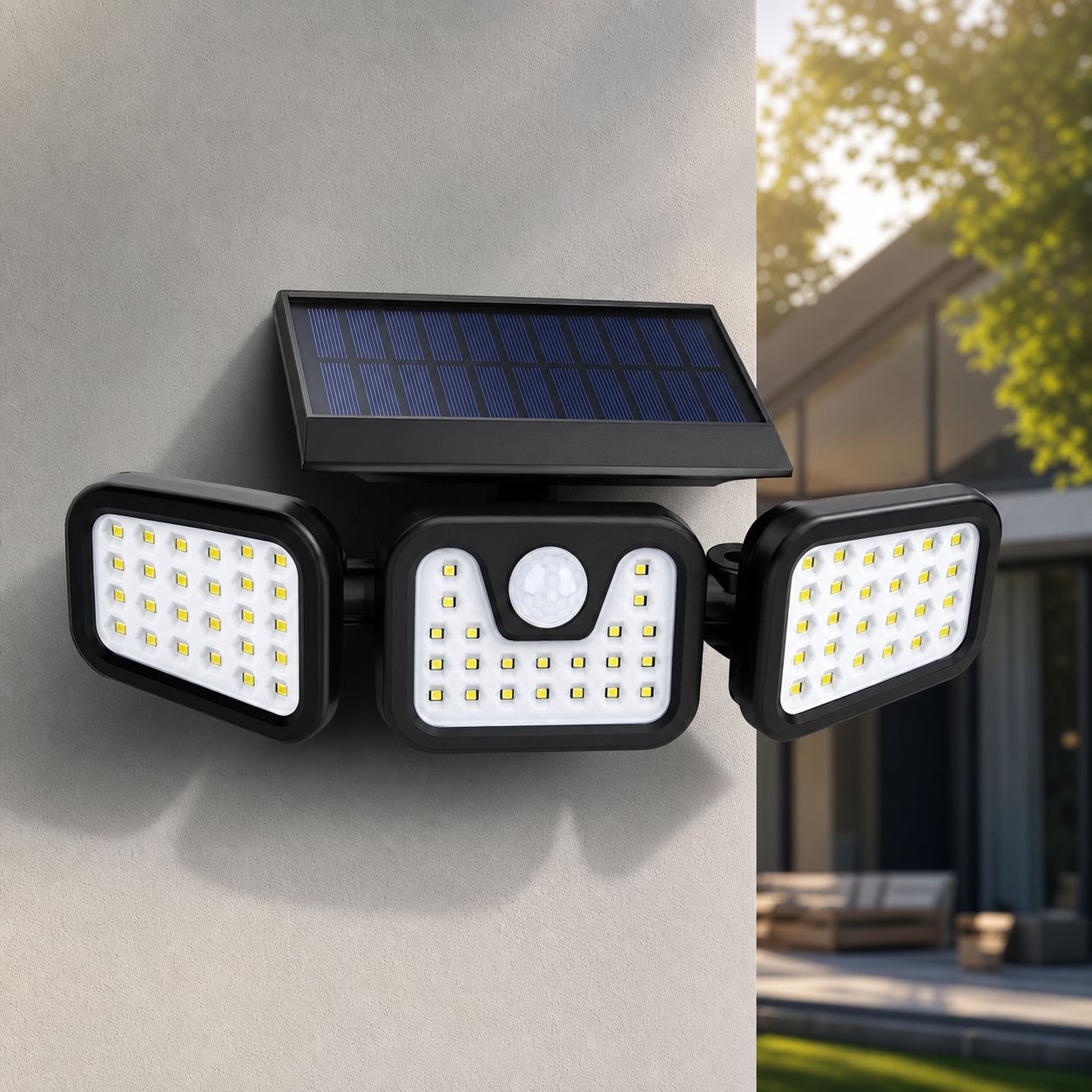 Solarbetriebene Led-wandleuchte Mit 3 Leuchtenköpfen, 74 Leds, Bewegungsmelder, 2400-mah-akku, Wasserdicht (ip65), Für Die Gartenbeleuchtung