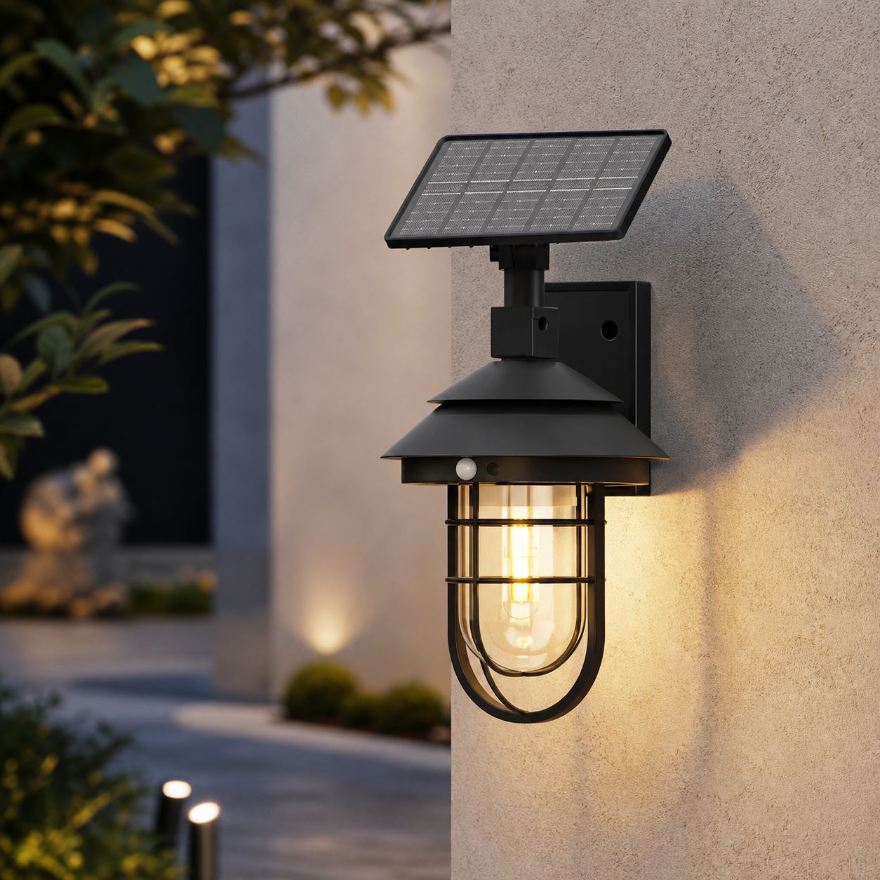 Solarbetriebene Led-wandleuchte Mit Glühfaden, Wasserdichtes Abs-gehäuse, Schwarz, 37 Cm, 180°-bewegungsmelder, 3 Leuchtmodi, Kabellose Garten-, Hof- Und Zaunbeleuchtung