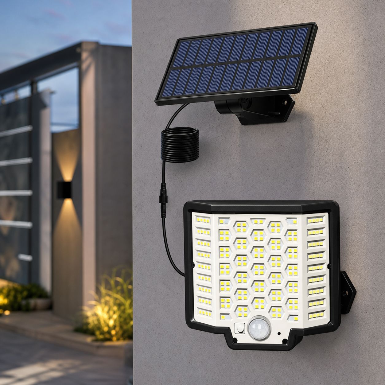 Ferngesteuerte Solar-außenwandleuchte, Bewegungsmelder, Ip65 Wasserdicht, Separates Panel, 5 M Kabel, 3 Led-lichtmodi