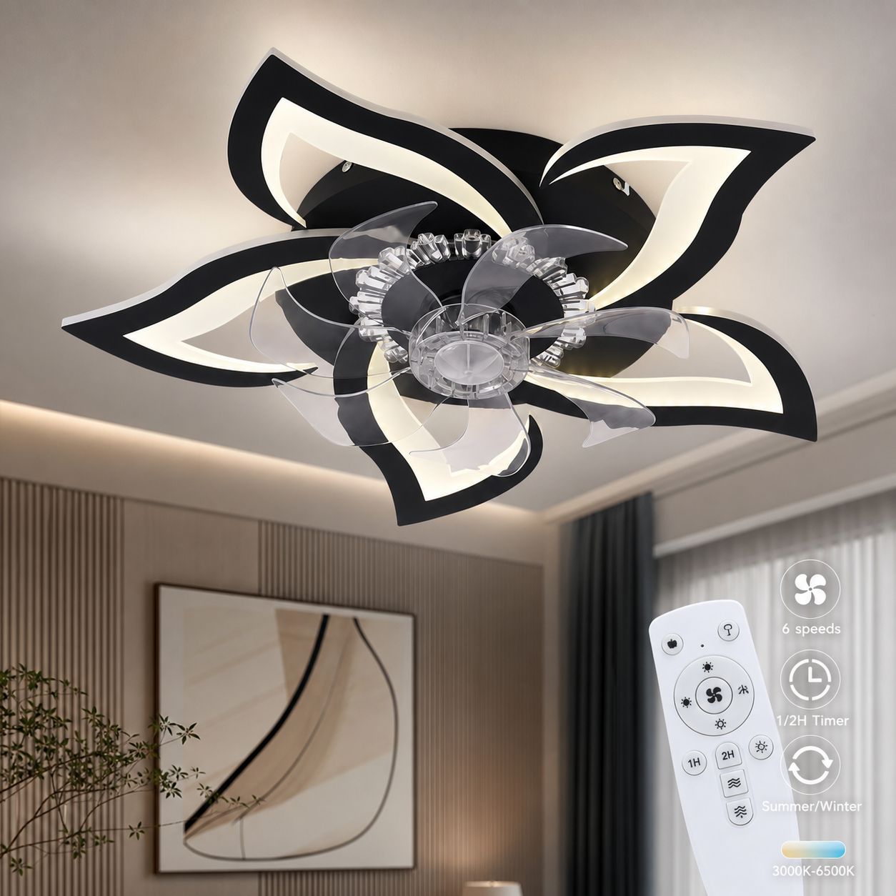 Unsichtbarer Schwarzer Deckenventilator, 65 Cm, 6 Geschwindigkeitsstufen, Fernbedienung, Dimmbares 3-farben-led-licht, Sommer-/wintermodus