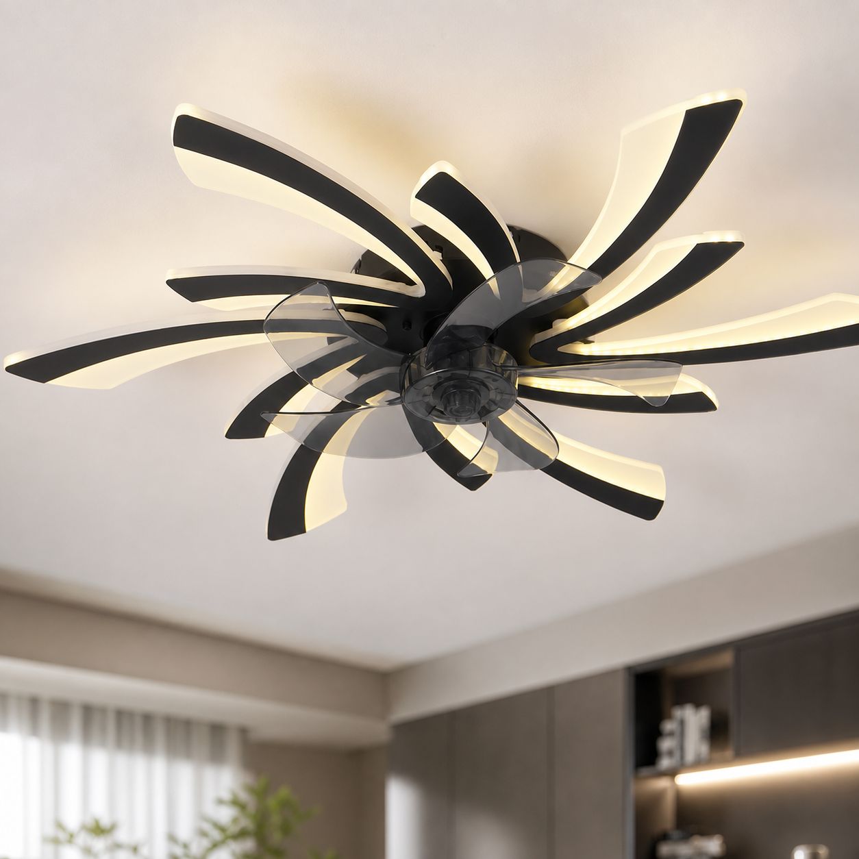 Schwarzer, Unsichtbarer Deckenventilator (78 Cm), 6 Geschwindigkeitsstufen, Einstellbare 3-farbige Led-beleuchtung, Fernbedienung, Sommer-/wintermodus, Leiser Betrieb