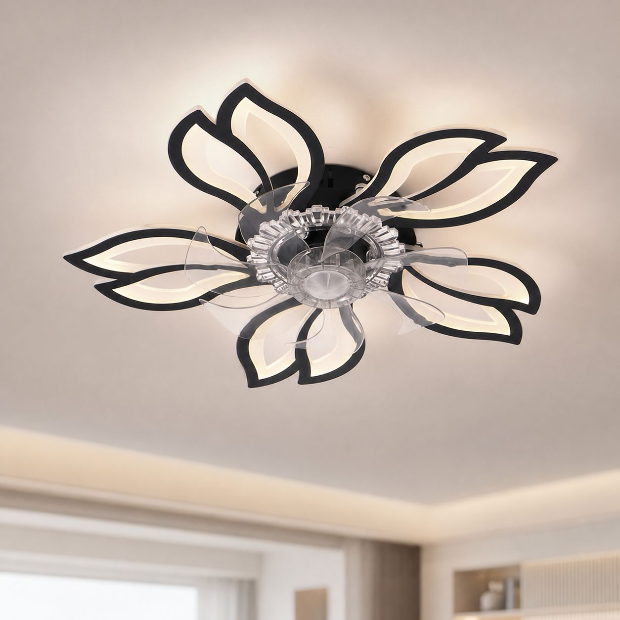 Unsichtbarer Deckenventilator Mit Blütenblattdesign, 65 Cm, Schwarz, 6 Reversible Geschwindigkeitsstufen, Dimmbares Led-licht 3000k-6500k, Fernbedienung
