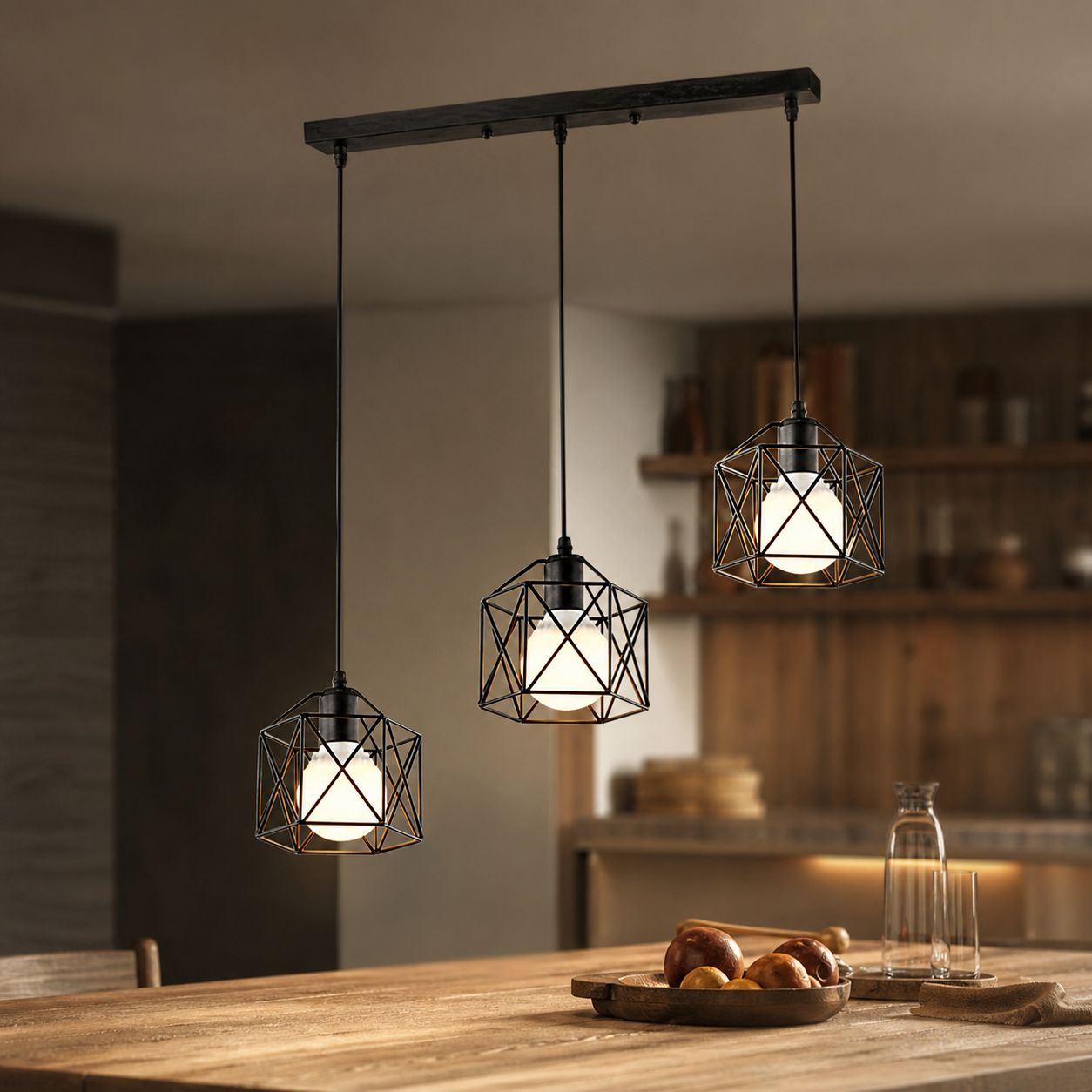 Dreiflammige Pendelleuchte Im Industriestil, Amerikanischer Landhausstil, Aus Schwarzem Eisen. Dimmbar, Höhenverstellbar Bis 1,5 M. Ideal Für Bars Oder Esszimmer (5–15 M²).
