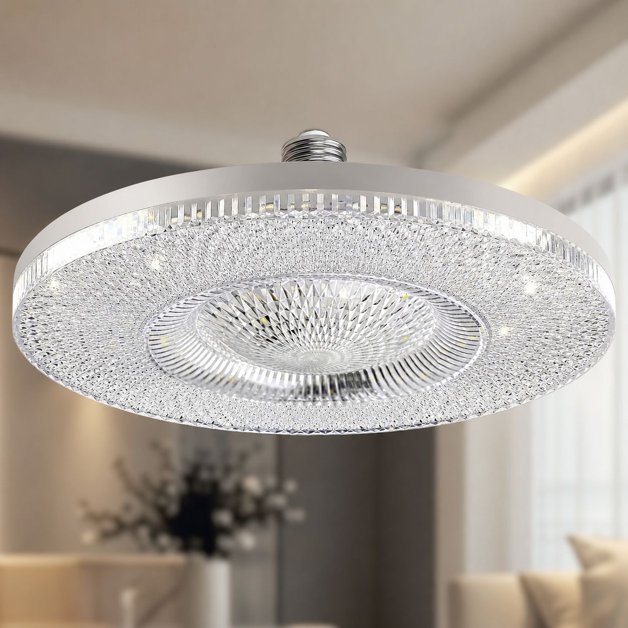 E27 50w Led-lampe Mit Kristallfassung, Hellweiß, Ø185mm, Facettiertes Design, Blendfrei, Für Wohnzimmer, Küche, Büro
