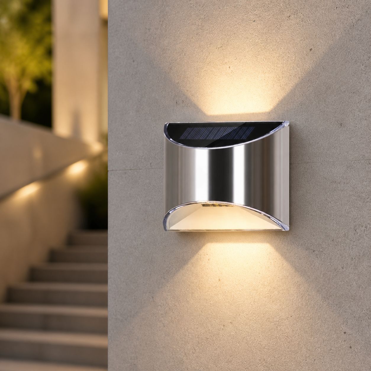 Solar-led-außenwandleuchte Aus Edelstahl, Dekorative Beleuchtung Für Garten Und Treppenhaus, Kabellose, Warme, Automatische Beleuchtung