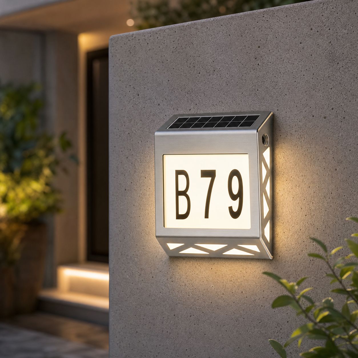 Solarbetriebenes Hausnummernschild Für Den Außenbereich, Edelstahl 304, Wasserdicht Nach Ipx5, 3-farbige Led-beleuchtung, Automatische Beleuchtung Für Garten Und Fassade