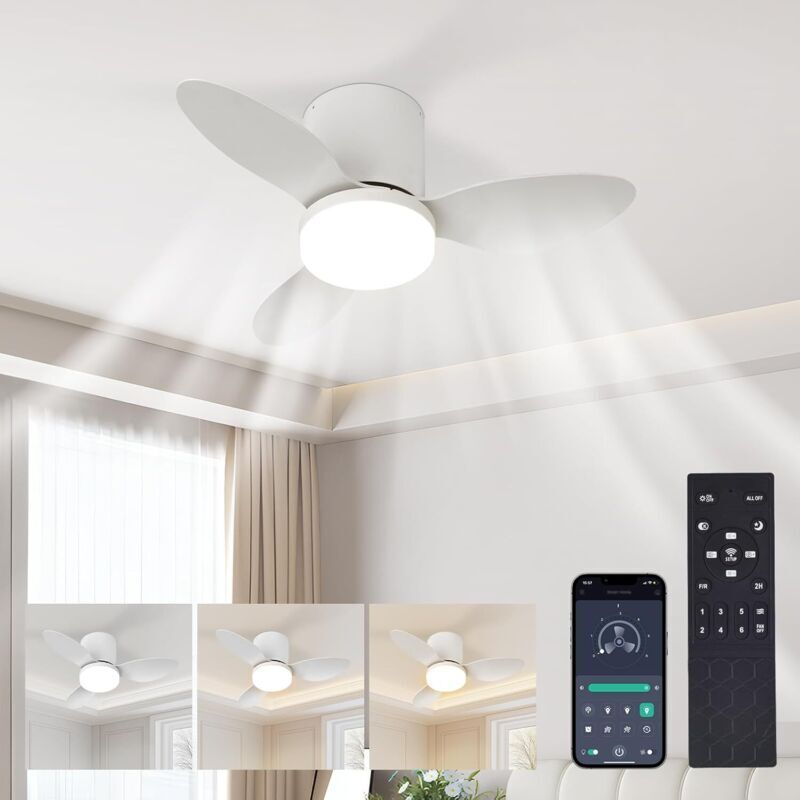 65 Cm Led-deckenventilator Mit Integrierter Beleuchtung, 6 Geschwindigkeitsstufen, Leisem Und Reversiblem Gleichstrommotor, Fernbedienung + App