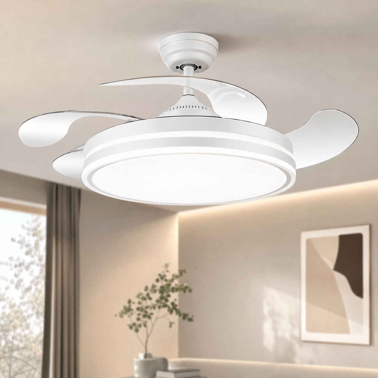 Deckenventilator Mit Led-beleuchtung, 108 Cm, Leiser Kupfermotor, Fernbedienung, Dimmer Und Farbauswahl, Weiß