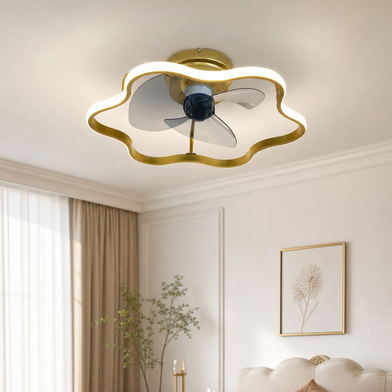 Blumenförmiger Led-deckenventilator, 50 Cm, Reversibler, Leiser Motor, Fernbedienung Und App-steuerung, 3-farbige Beleuchtung, Ideal Für Das Wohnzimmer