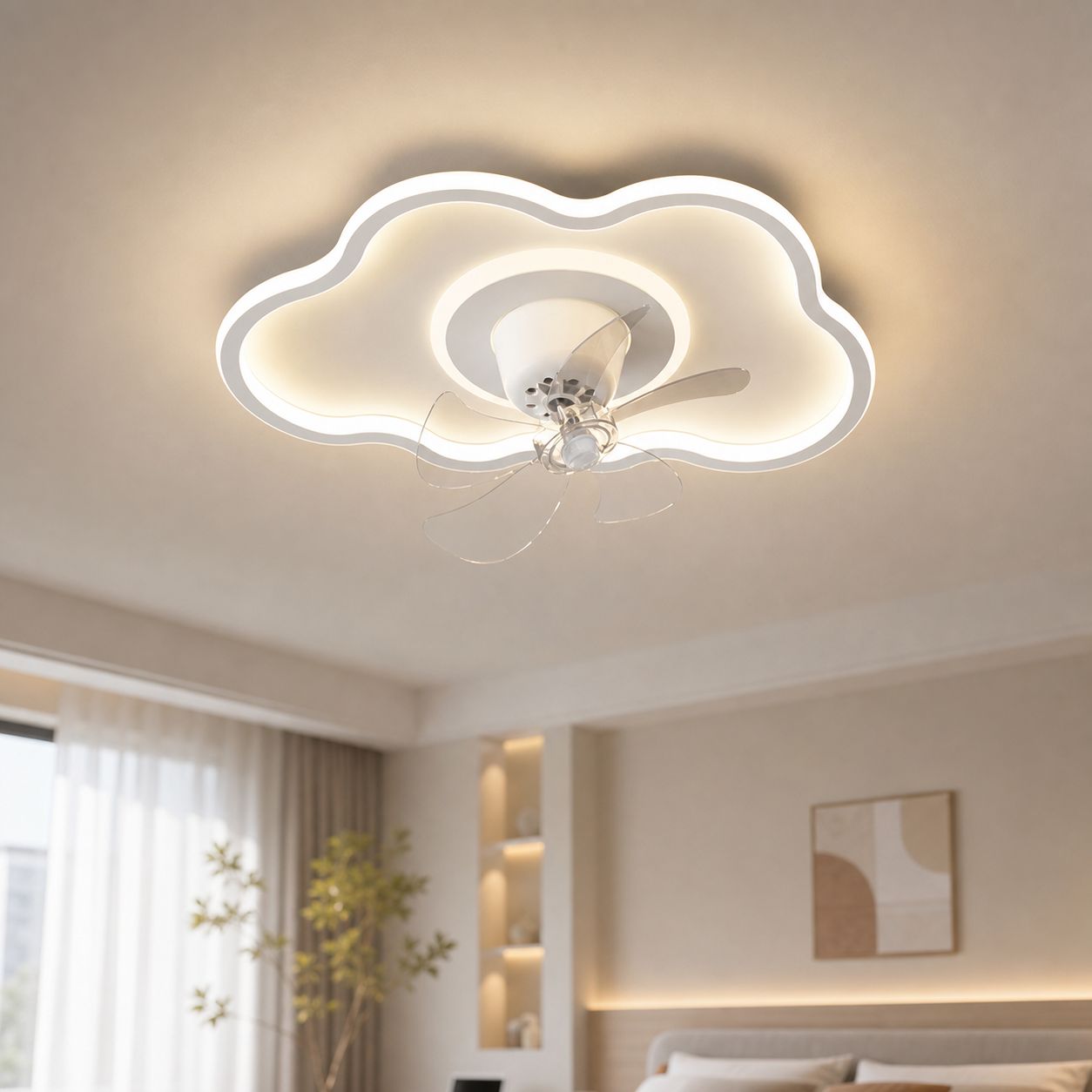 Wolkenförmiger Designer-deckenventilator, 50 Cm, Leiser Kupfermotor, Flimmerfreies, Verstellbares Led-licht, Fernbedienung, 360°-oszillation