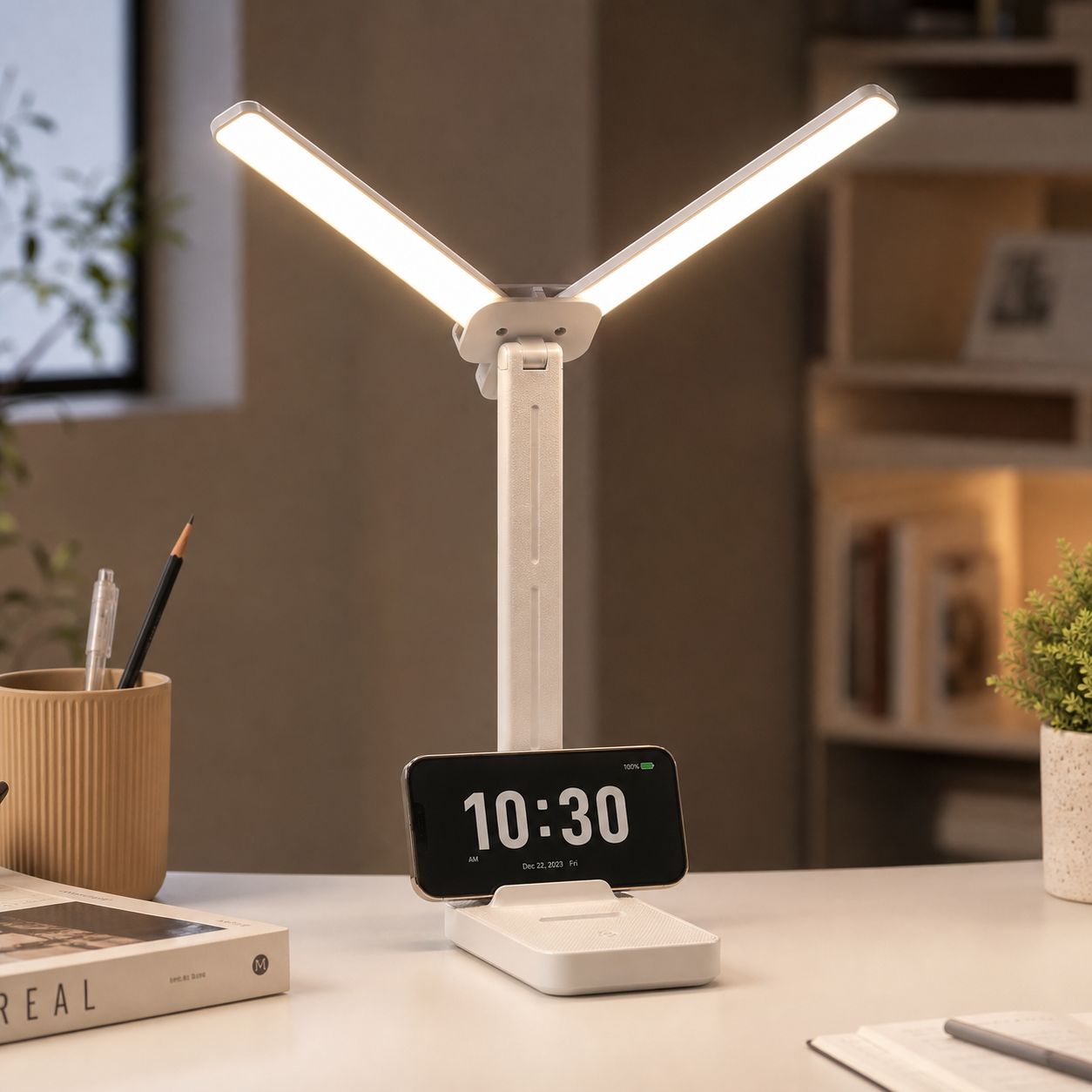 Faltbare Led-schreibtischlampe Mit Zwei Leuchtenköpfen, Wiederaufladbar Über Usb-c, Stufenlose Dimmfunktion, 3 Farbtemperaturen, Aa-standard, Integrierte Handyhalterung