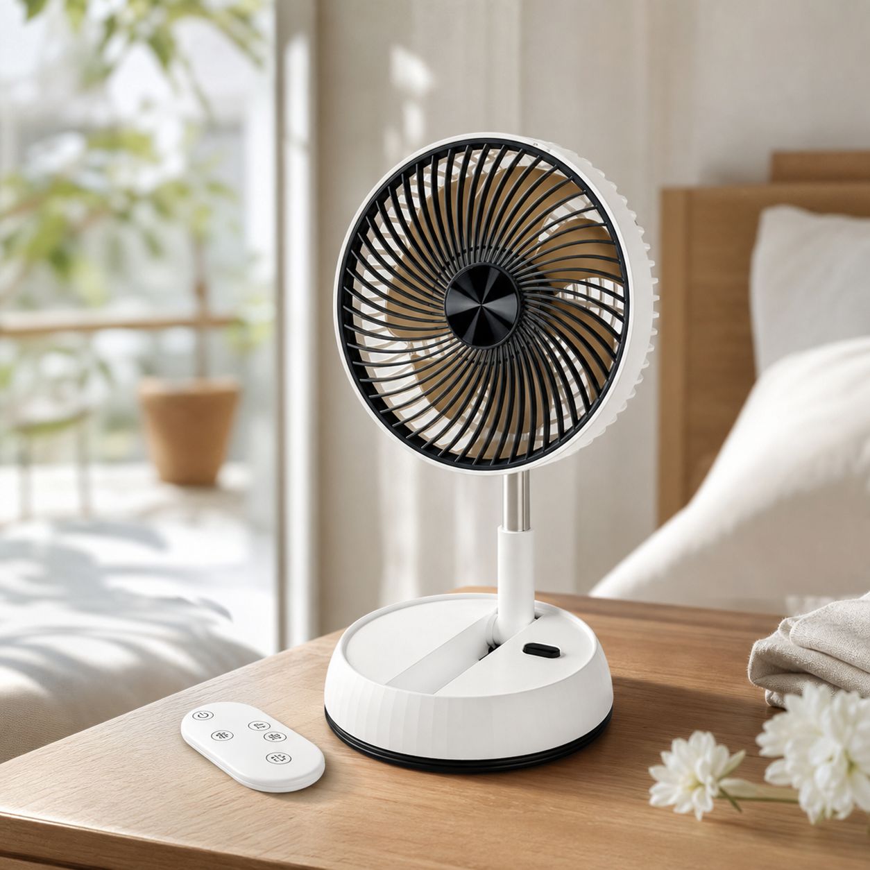 Zusammenklappbarer Und Teleskopierbarer Standventilator, Wiederaufladbarer Usb-c-akku (5400 Mah), 8-m-fernbedienung, Höhenverstellbar Von 35 Bis 92 Cm, Weiß