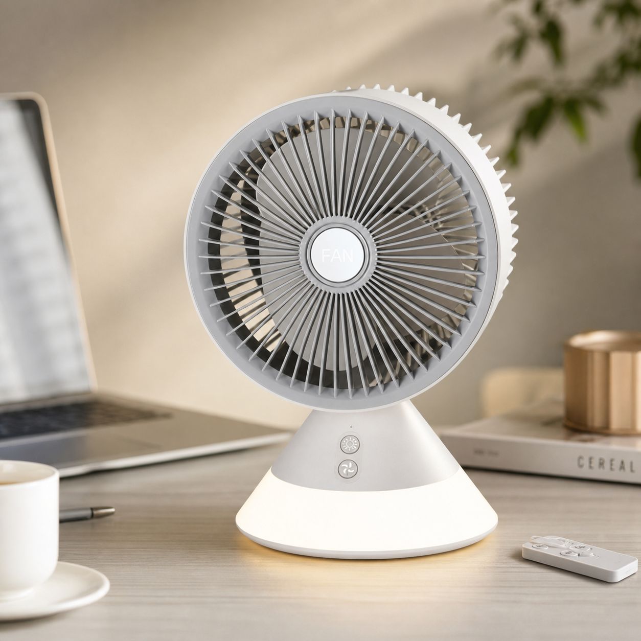 Kabelloser, Oszillierender Tischventilator, 4000 Mah, Usb-aufladbar, Mit Fernbedienung, 3 Geschwindigkeitsstufen, Einstellbarem Nachtlicht, Weiß
