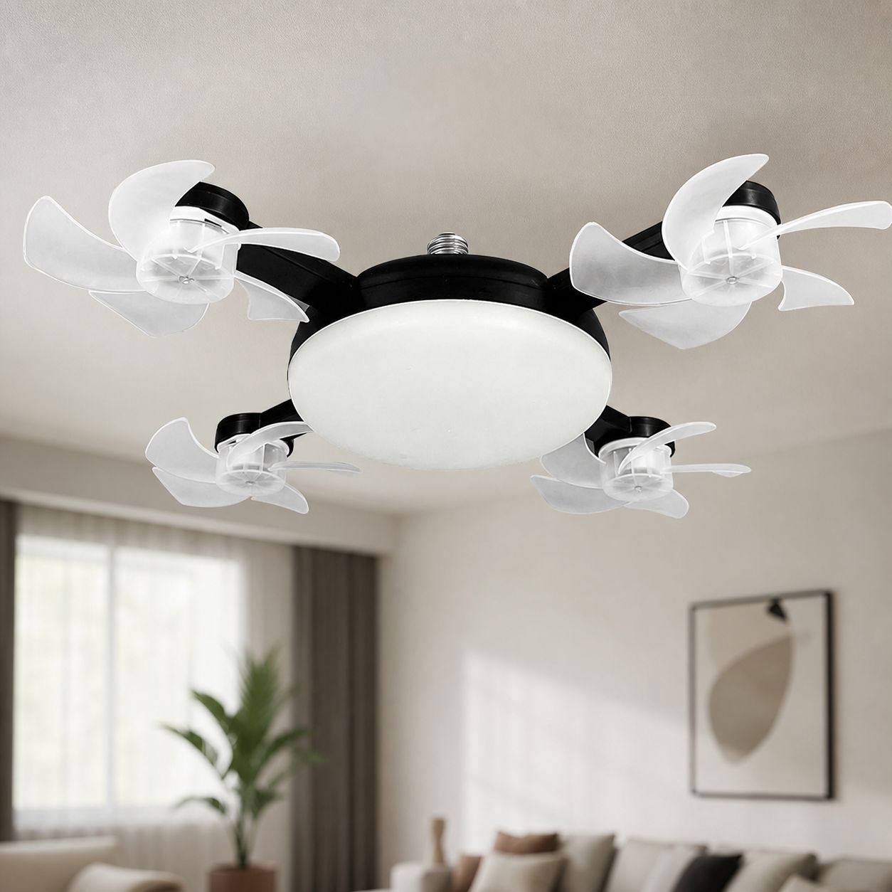 E27 Led-deckenventilator In Drohnenform, 50 Cm Große, Klappbare Flügel, Leiser Gleichstrommotor, Fernbedienung, Dimmbares 3-farben-licht, Modernes Design