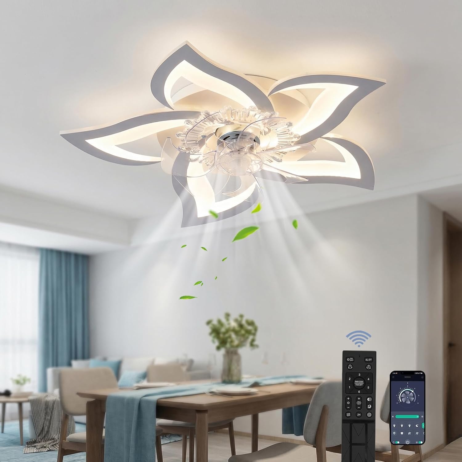 50-watt-deckenventilator Mit Integrierter Beleuchtung, Moderne Dimmbare Led-deckenleuchte (kompatibel Mit Fernbedienung Und App), Leise Und Kreatives Acrylblumen-design, Geeignet Für Schlafzimmer (69