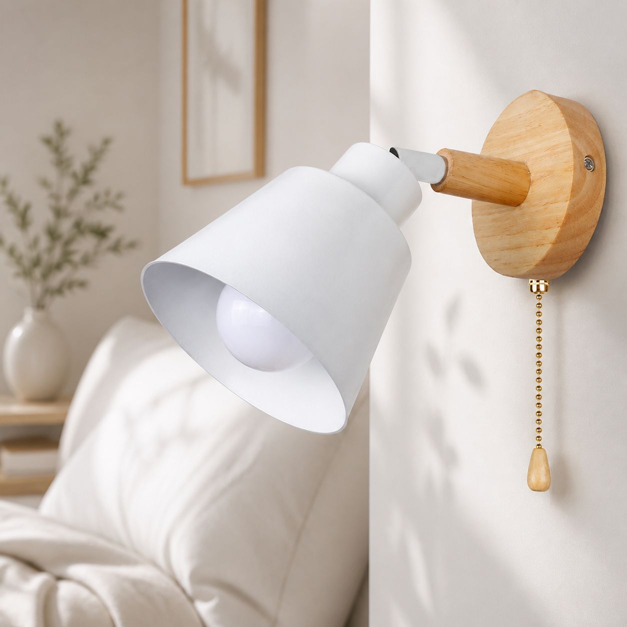 Wandleuchte Im Nordischen Design Aus Abs Und Holz, Farbe Macaron, E27-fassung, Zugkettenschalter, Verstellbar, Für Schlaf- Und Wohnzimmer