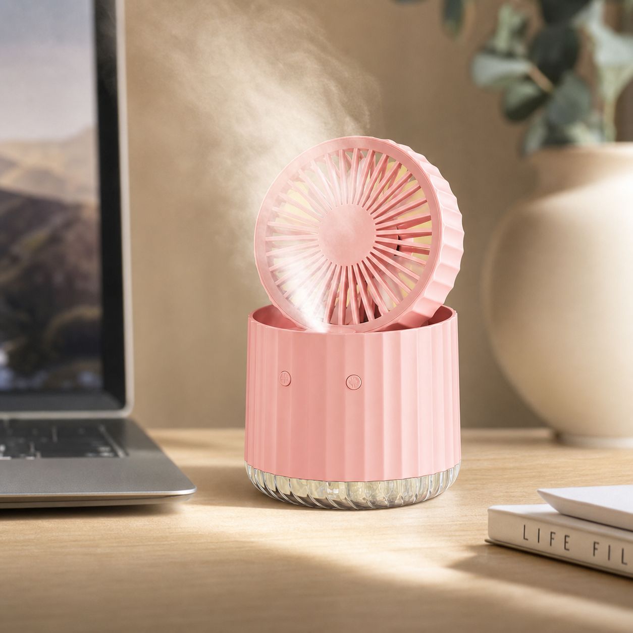 Tischventilator Mit Sprühfunktion, 3 Geschwindigkeitsstufen, Leisem Betrieb, Led-beleuchtung, Usb-c-ladeanschluss, 380-ml-wassertank, Rosa Farbe