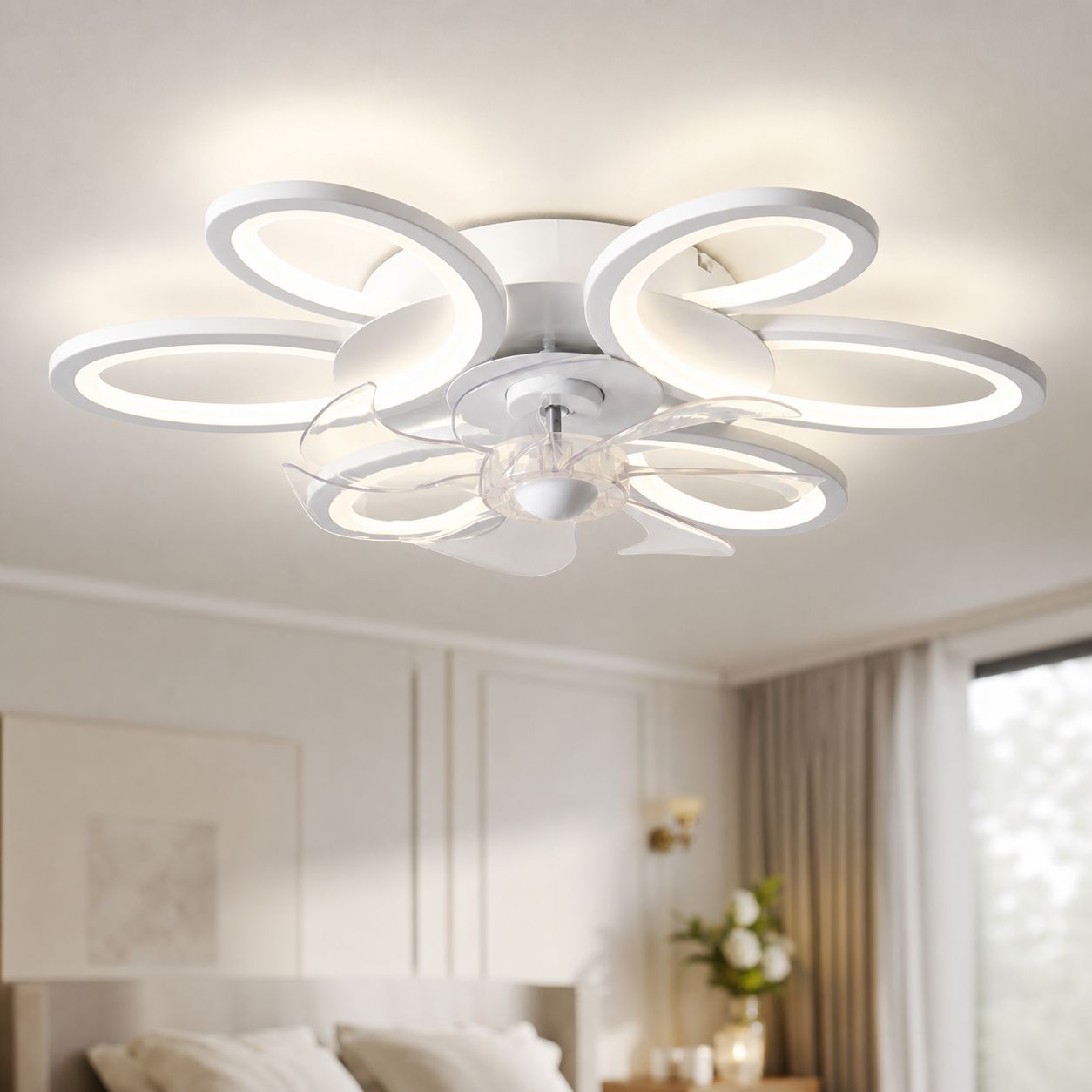 Unsichtbarer Schmetterlings-deckenventilator, 36 W Dimmbare Led, Leiser Kupfermotor, Ø 65 Cm, Fernbedienung Und Sprachsteuerung, Weiß