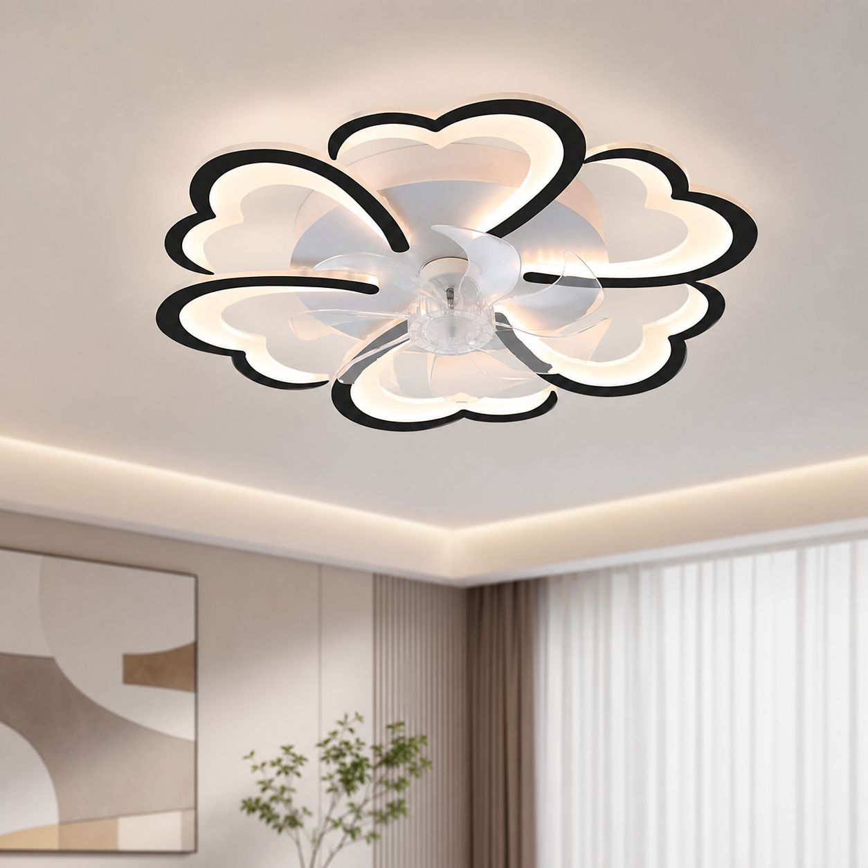 Unsichtbarer Deckenventilator, 68 Cm, 72 W, 4320 Lm, Dimmerschalter Und 6 Geschwindigkeitsstufen, Fernbedienung Und Wlan, Modernes Blütenblatt-design