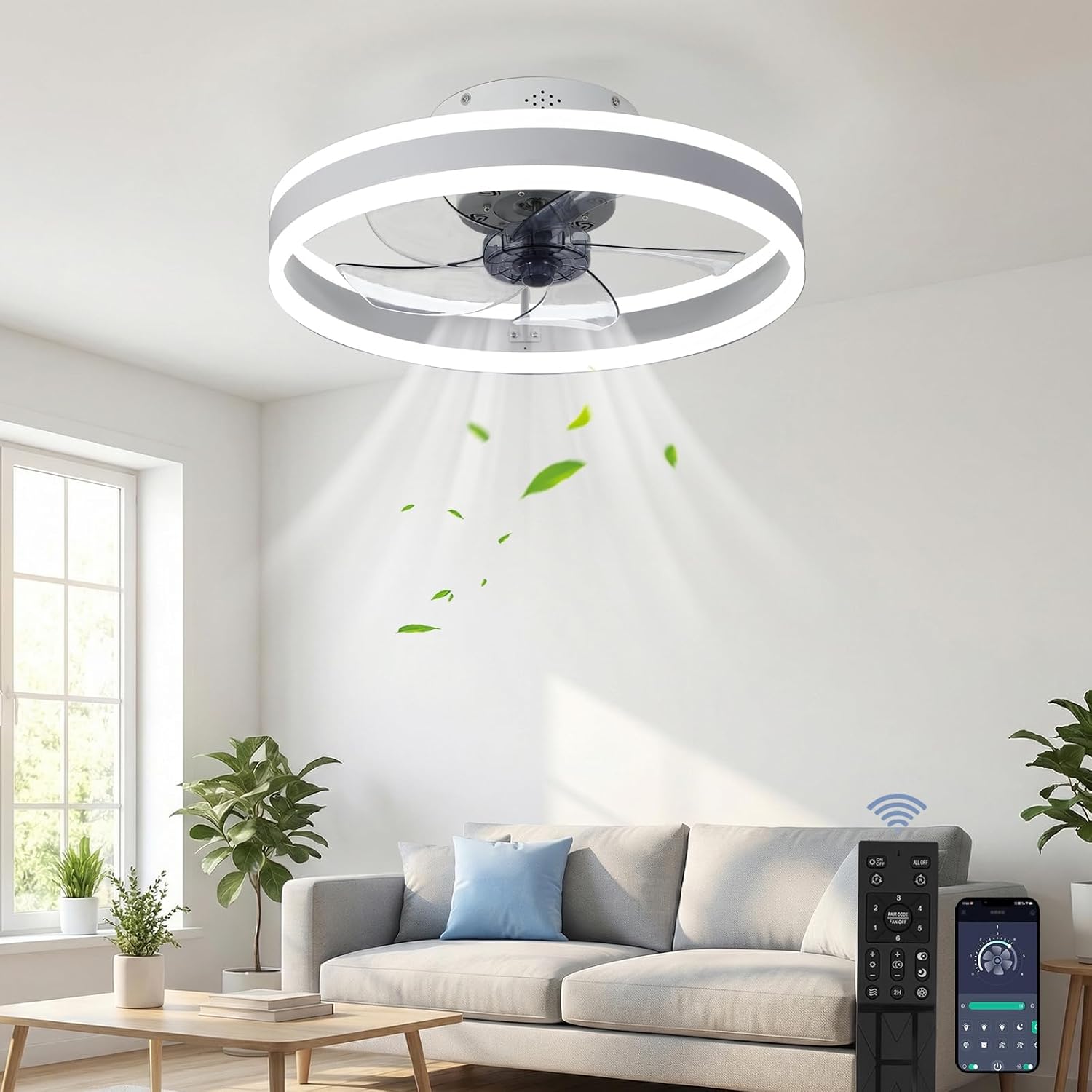 Weißer 50-cm-deckenventilator (30 W) Mit Integrierter Led-beleuchtung. Drei Farbtemperaturen Und Sechs Geschwindigkeitsstufen. Kompatibel Mit App Und Fernbedienung. Leiser Betrieb.