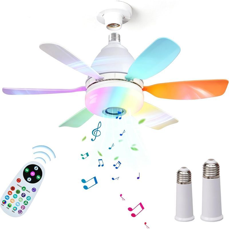 Dimmbarer, Leiser Rgb-led-deckenventilator Mit 3 Geschwindigkeitsstufen, Timer Und Bluetooth-lautsprecher – E27, Mehrfarbig