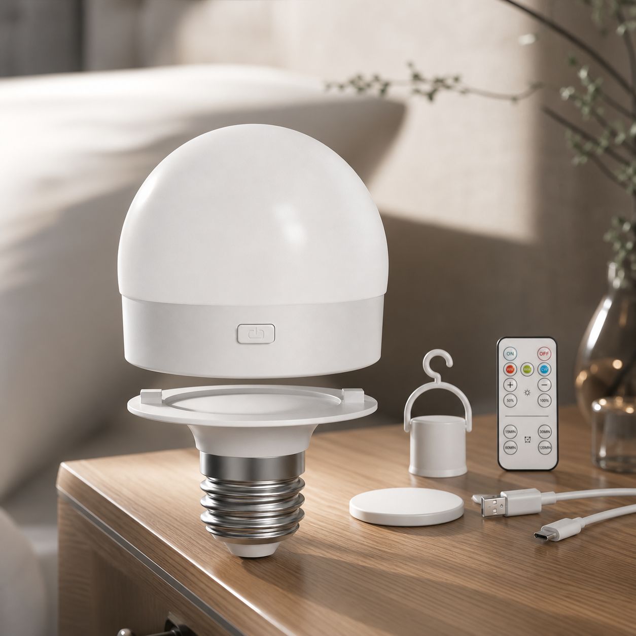Wiederaufladbare E27 Rgb-led-lampe, 15 Dimmbare Farben, Magnet Und Haken, Typ-c, Abs/pc, Ø 67 Mm, Für Stimmungsvolles Licht In Innenräumen