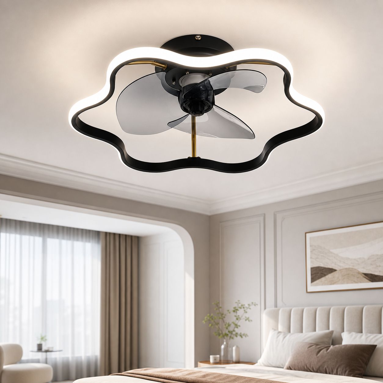 Blumenförmiger Led-deckenventilator, 50 Cm, Leiser Motor (32 Db), Fernbedienung Und App-steuerung, 3-farbige Beleuchtung, Schwarz