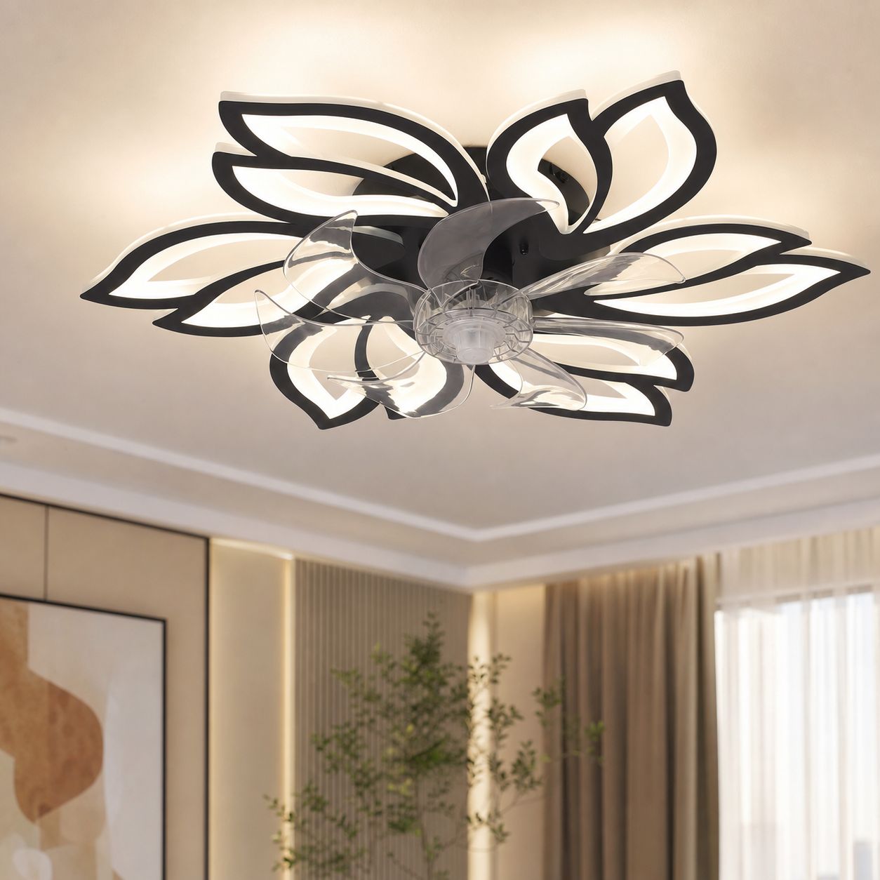 Deckenventilator Mit Unsichtbarem Blütenblattdesign, 65 Cm, 4320 Lm, 6 Geschwindigkeitsstufen, Dimmbares Dreifarbiges Led-licht, Fernbedienung, Winter-/sommermodus