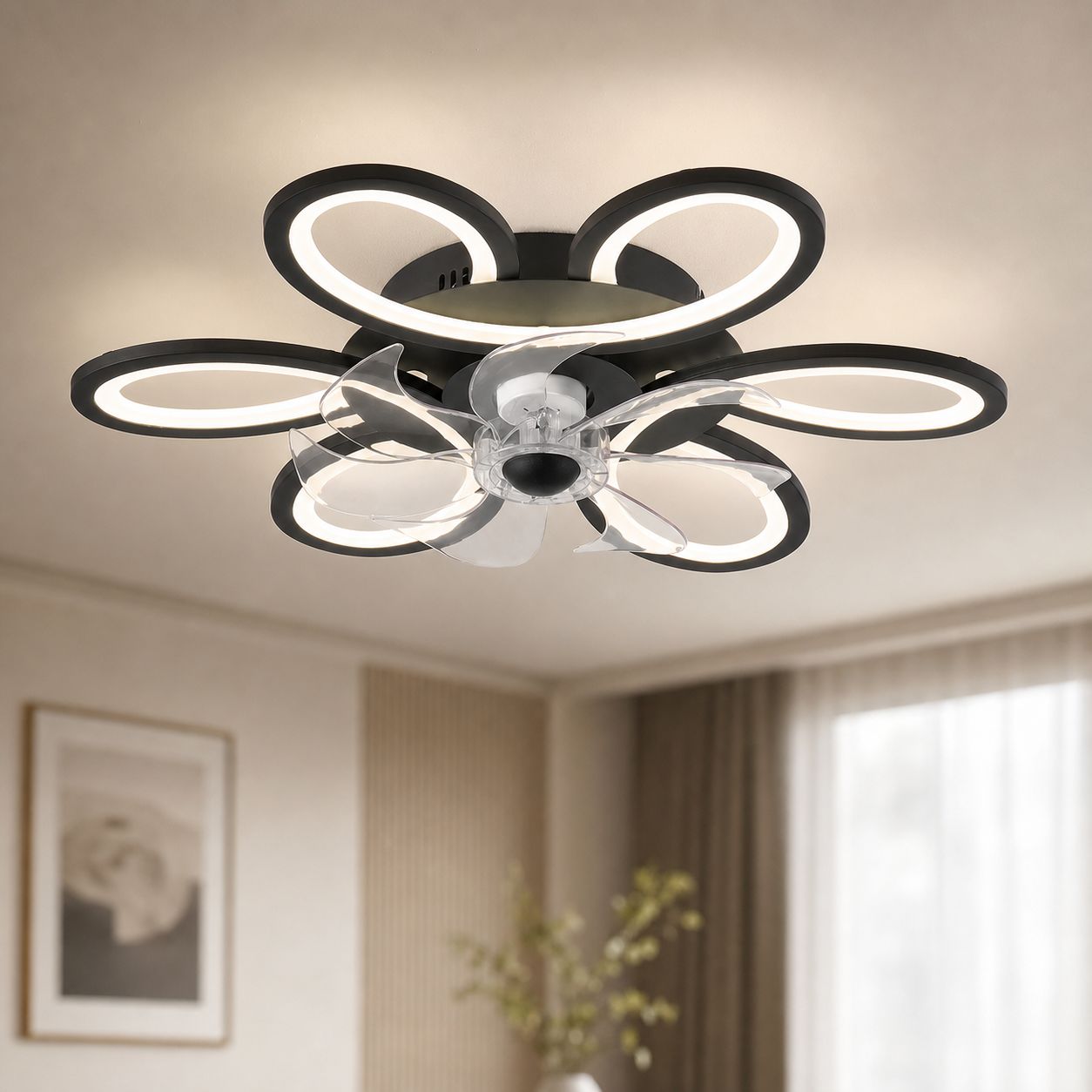 Unsichtbarer Schmetterlings-deckenventilator, 36 W Dimmbare Led, Leiser Kupfermotor, Fernbedienung Und App, Ø 65 Cm Für Das Wohnzimmer