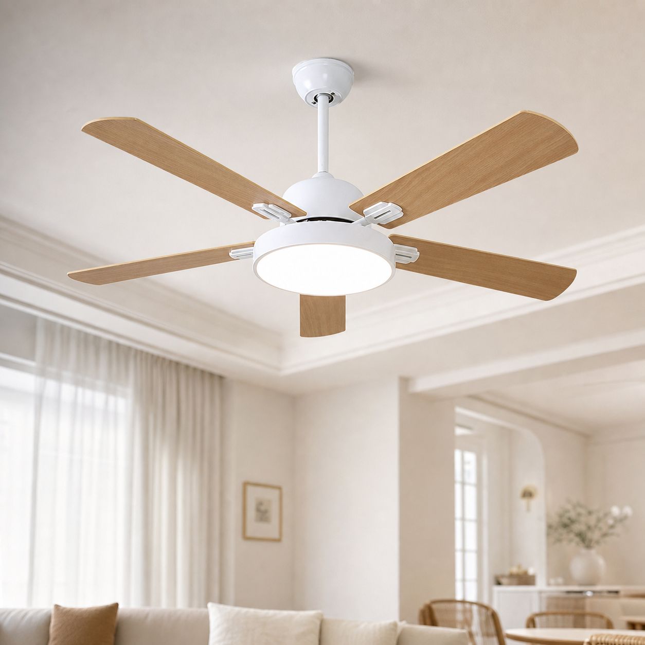 Deckenventilator Mit Led-beleuchtung, Holzflügeln Im Nordischen Stil, Leisem 42-zoll-motor, Fernbedienung Und Wandhalterung, Reversibel (sommer/winter).