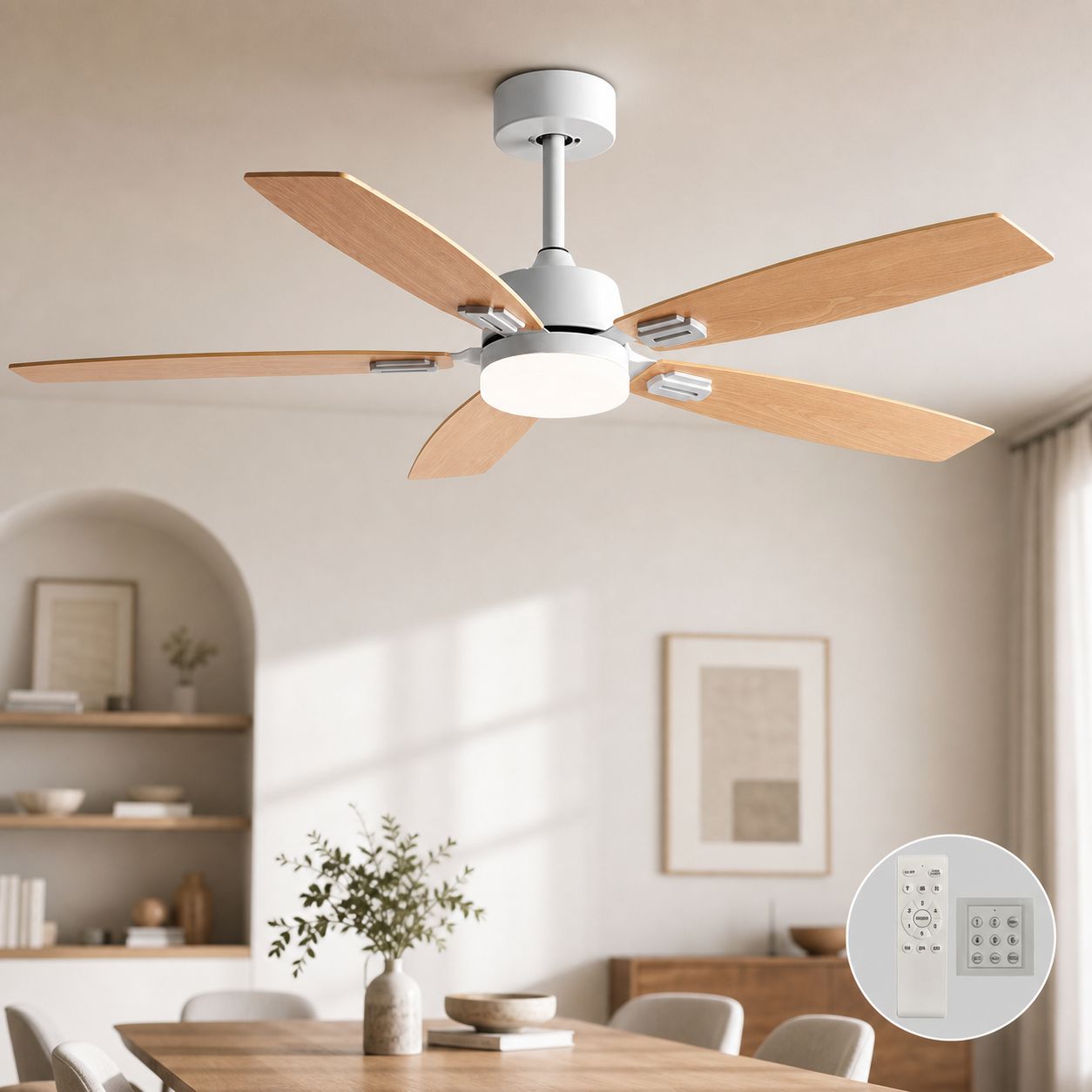 42-zoll-deckenventilator Mit Led-beleuchtung, Leisem Motor, Holzflügeln, Fernbedienung Und Wandschalter, Nordisches Design